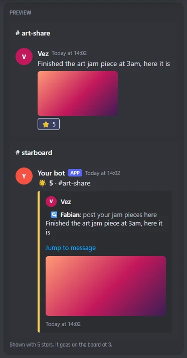 The live preview on the Starboard page: Vez's message in #art-share with 5 stars, and the card the bot posts for it on #starboard, with the message it replies to, the picture, and a yellow side
