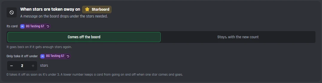 The When stars are taken away card: Comes off the board picked, and Only take it off under set to 2 stars