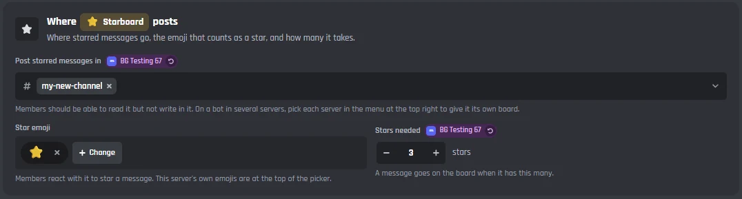 The Where Starboard posts card: the board channel, the star emoji, and 3 stars needed