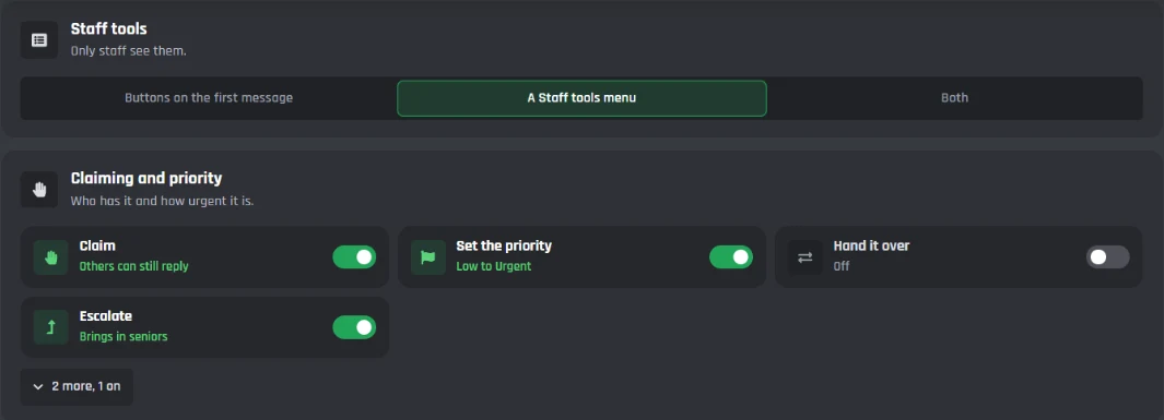 The Staff tools tab with Claim, Set the priority, Hand it over and Escalate