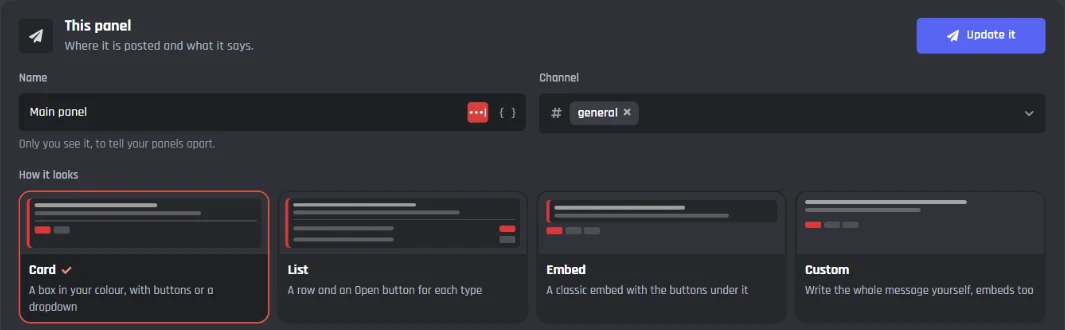 The This panel card on the Tickets page: the panel name, its channel and the four looks, Card, List, Embed and Custom