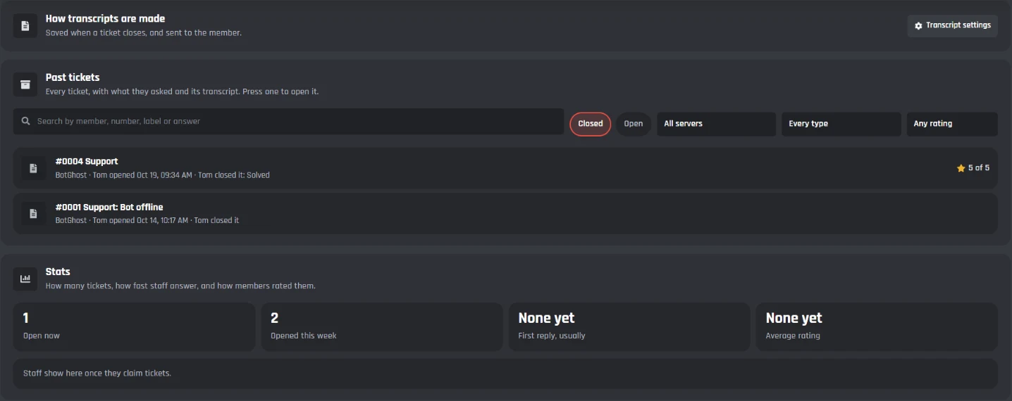 The Transcripts tab: the search box, the Closed and Open filters, server, type and rating, and two past tickets from Tom