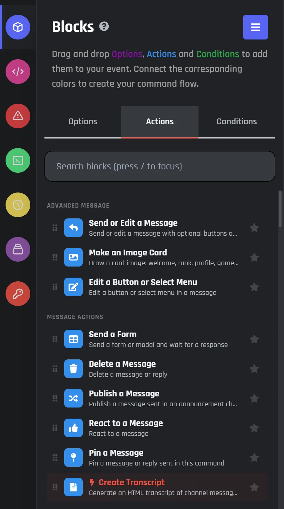 The Blocks list in the BotGhost builder, on the Actions tab: Send or Edit a Message, Make an Image Card, Send a Form, Delete a Message, React to a Message, Pin a Message, and more