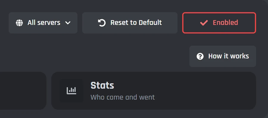 The All servers menu, Reset to Default, and the Enabled button at the top of the Welcomer page