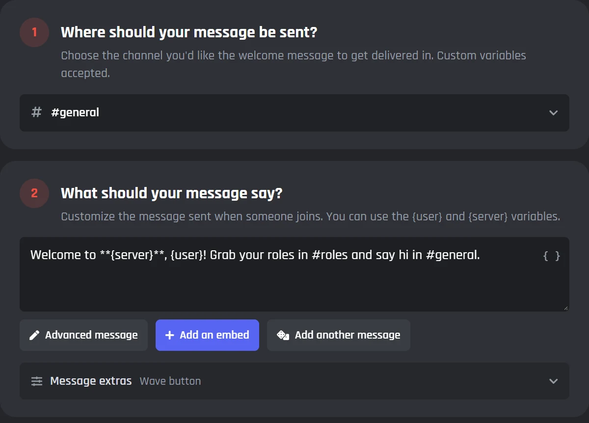 The channel picker set to #general and a welcome message using {server} and {user}