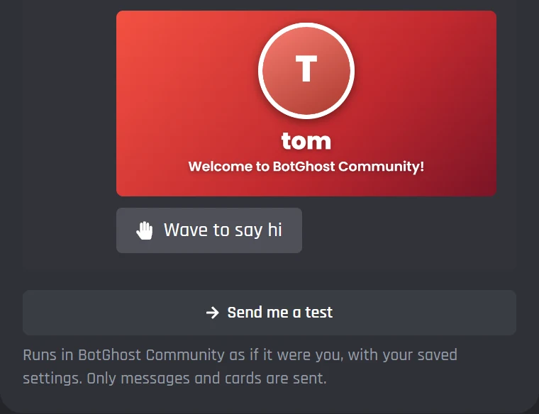 The preview of a welcome with a card, and the Send me a test button under it