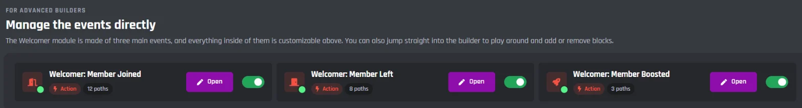 Manage the events directly: Welcomer: Member Joined with 12 paths, Member Left with 8, and Member Boosted with 3, each with an Open button