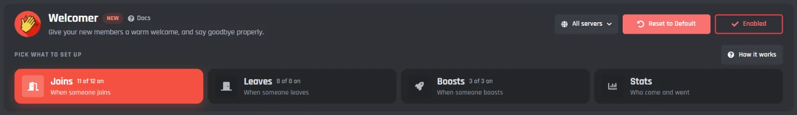 The top of the Welcomer page: Enabled, Reset to Default, All servers, and the Joins, Leaves, Boosts, and Stats tabs