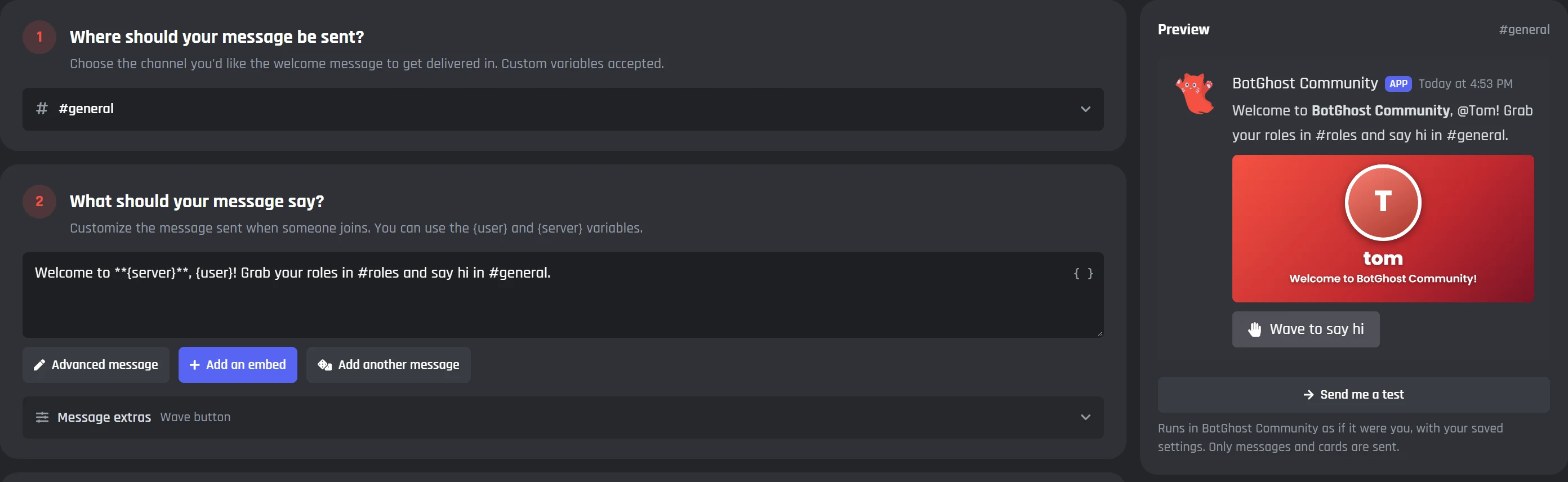The Welcomer message settings: a #general channel, a welcome using {server} and {user}, and a Discord preview with a welcome card and a Wave to say hi button