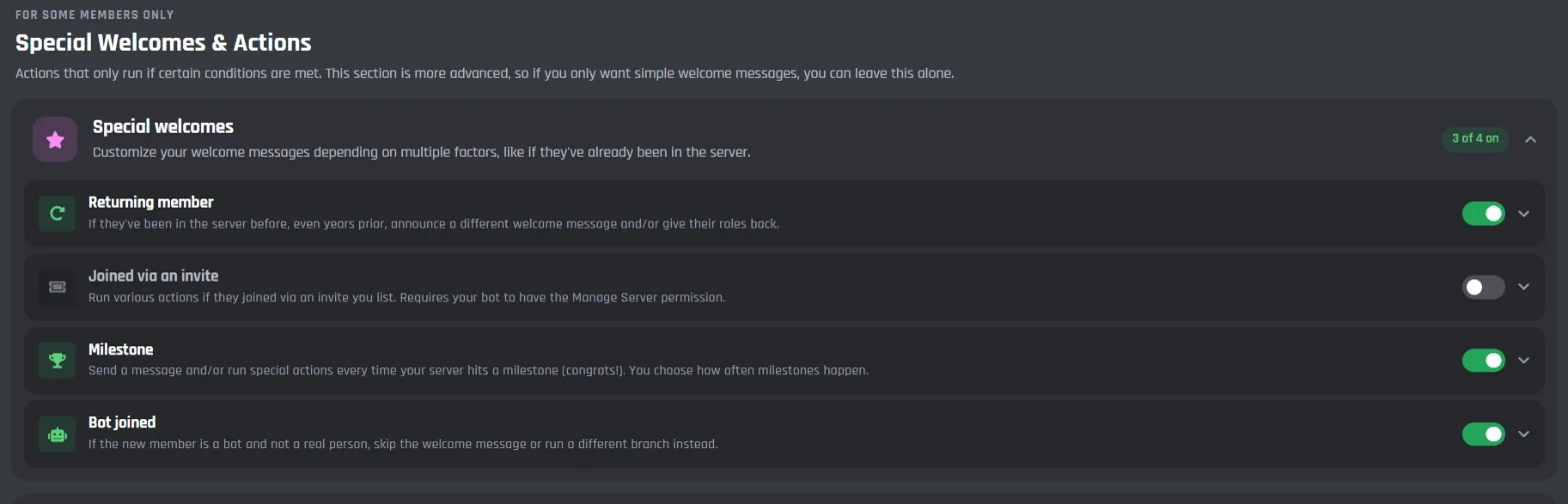 Special welcomes with Returning member, Milestone, and Bot joined switched on and Joined via an invite switched off