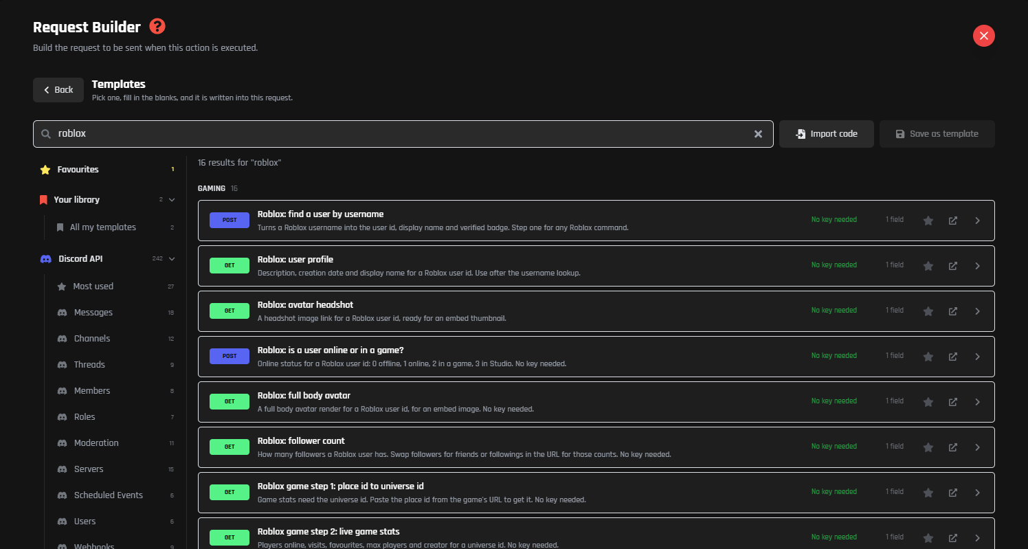 Ready-made Roblox requests in the API templates