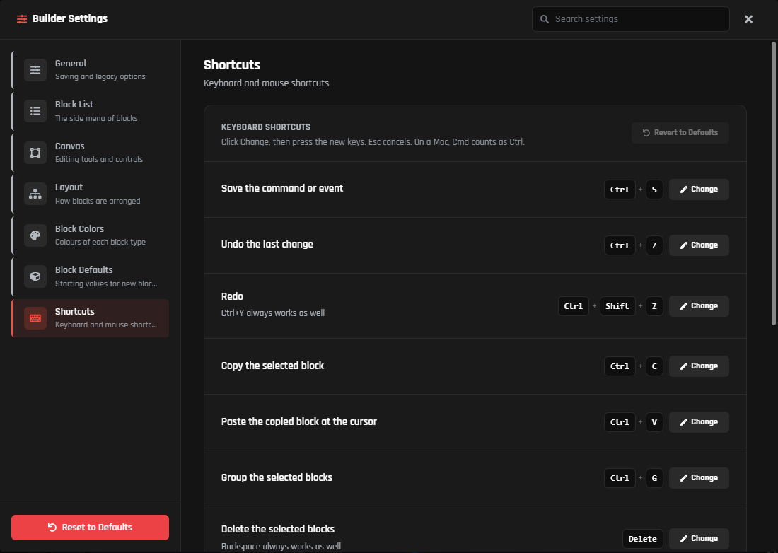 Keyboard shortcuts in Builder Settings
