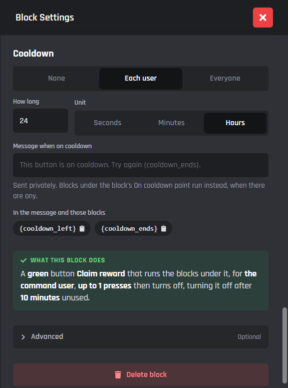 A cooldown on a button