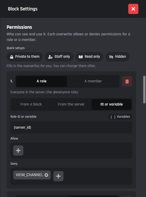 One-click permission setups for a channel