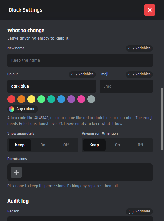 Role colours by name and Keep, On and Off switches