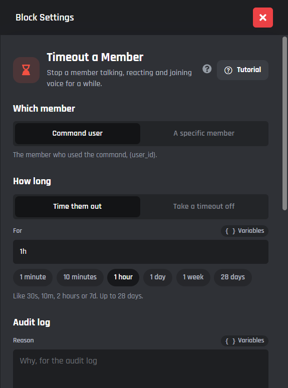 Timeout settings with quick picks for the length