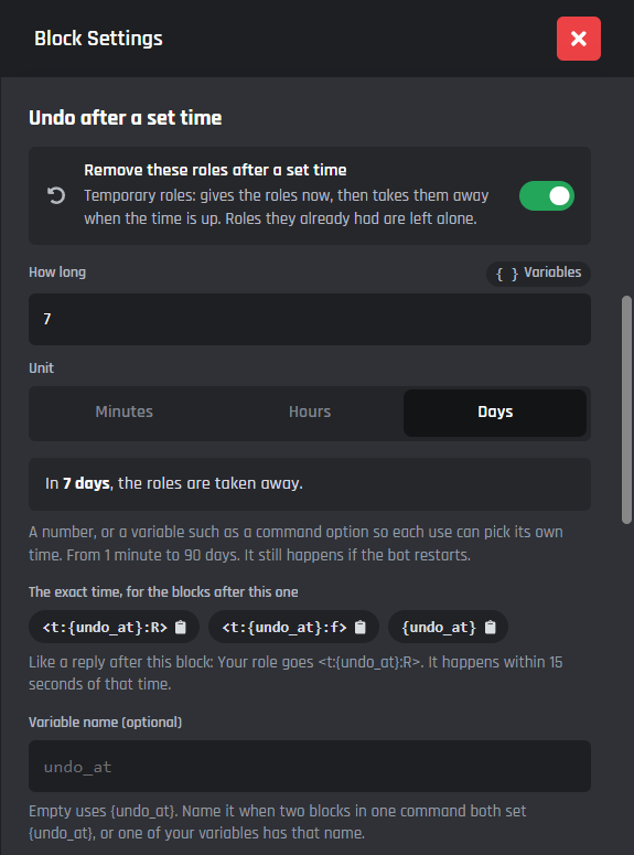 Add Roles set to undo after 7 days
